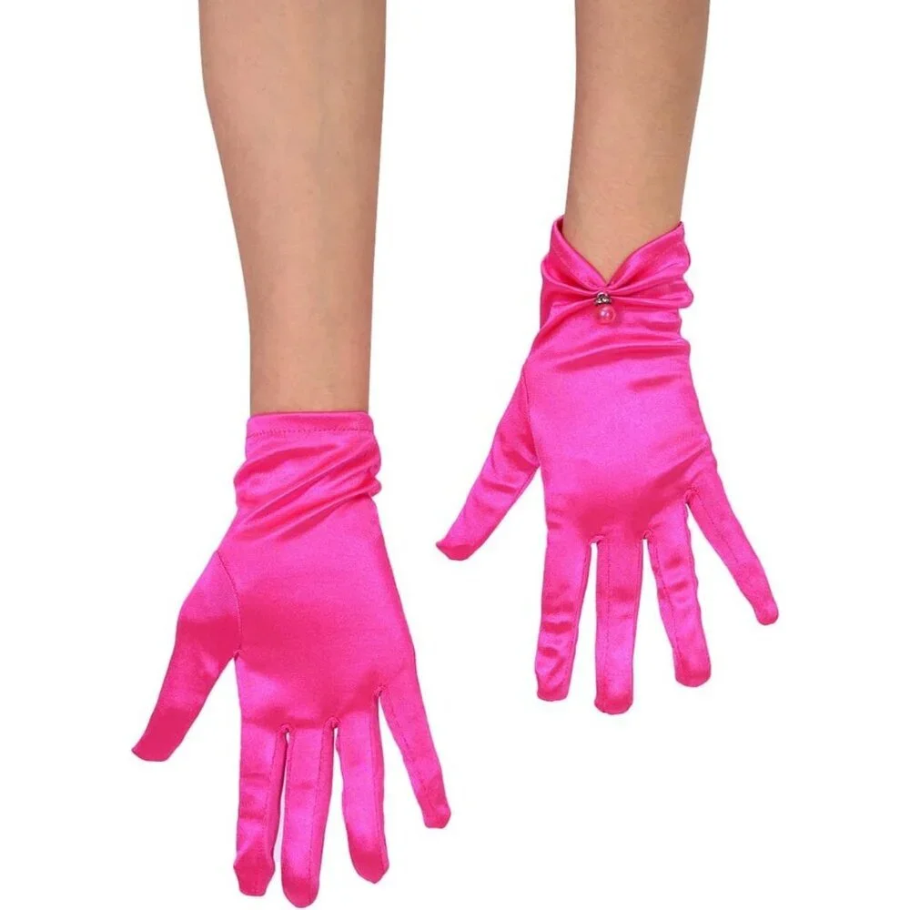 Women's Evening Fuschia-Satin Tulle Short Lace Gloves Wrist Wedding Bridal Party